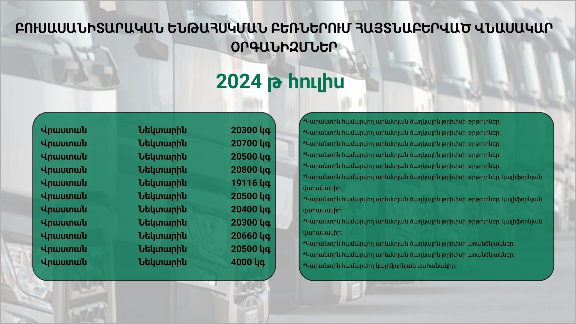 ԲՈՒՍԱՍԱՆԻՏԱՐԱԿԱՆ ԵՆԹԱՀՍԿՄԱՆ ԲԵՌՆԵՐՈՒՄ ՀԱՅՏՆԱԲԵՐՎԱԾ ՎՆԱՍԱԿԱՐ ՕՐԳԱՆԻԶՄՆԵՐ (2024 թ․ հուլիս)